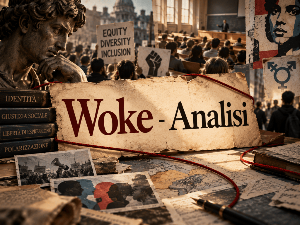 Collage editoriale sul dibattito woke: un busto classico, libri su identità, giustizia sociale e libertà di espressione, immagini di manifestazioni e un elastico rosso-bruno che collega i diversi elementi; al centro il titolo Woke - Analisi.