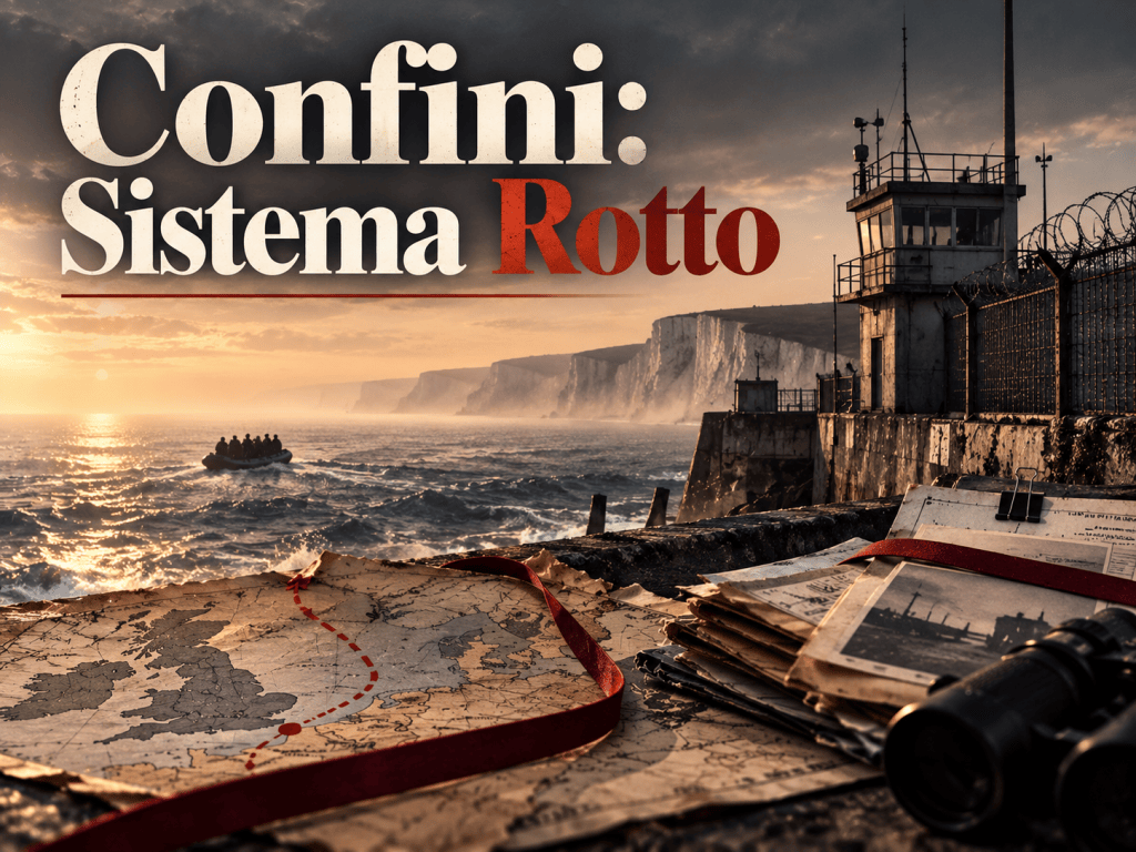 Copertina editoriale cinematografica sul controllo delle frontiere britanniche: Manica al tramonto, barriera di confine, mappa con rotta segnata da un elastico rosso-bruno e titolo «Confini: Sistema Rotto».
