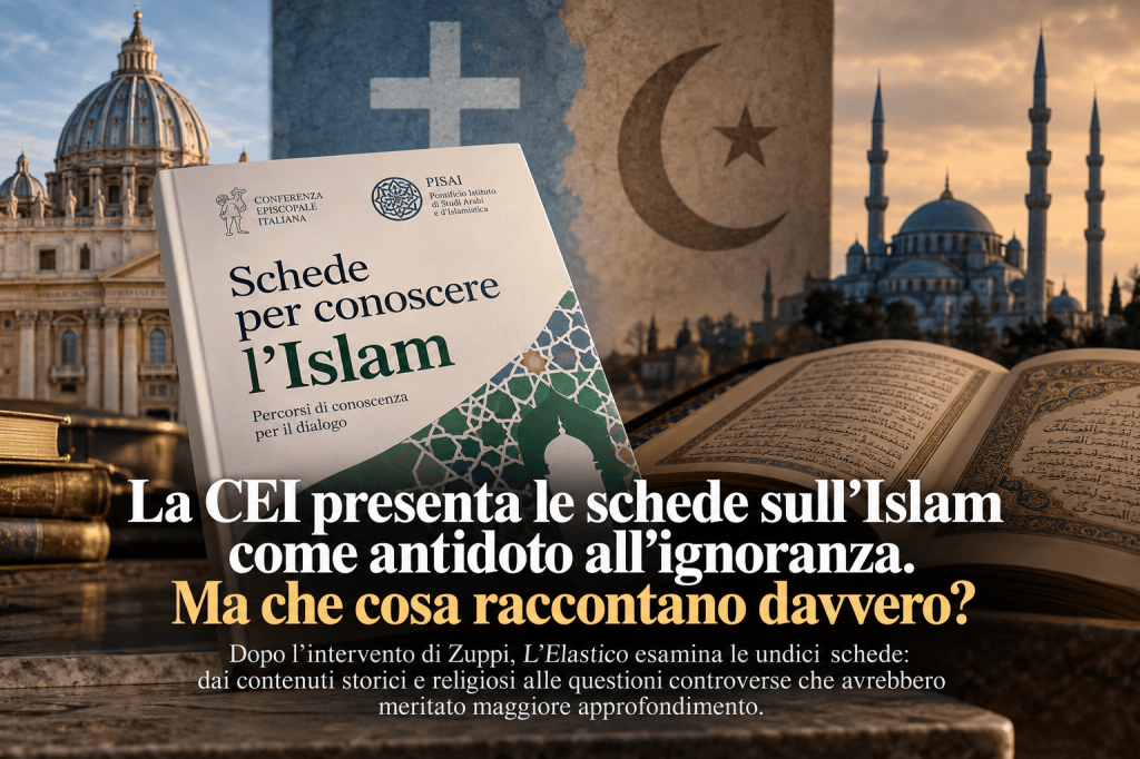 Copertina editoriale: il documento CEI-PISAI sulle schede per conoscere l’Islam, con San Pietro, una moschea e un Corano