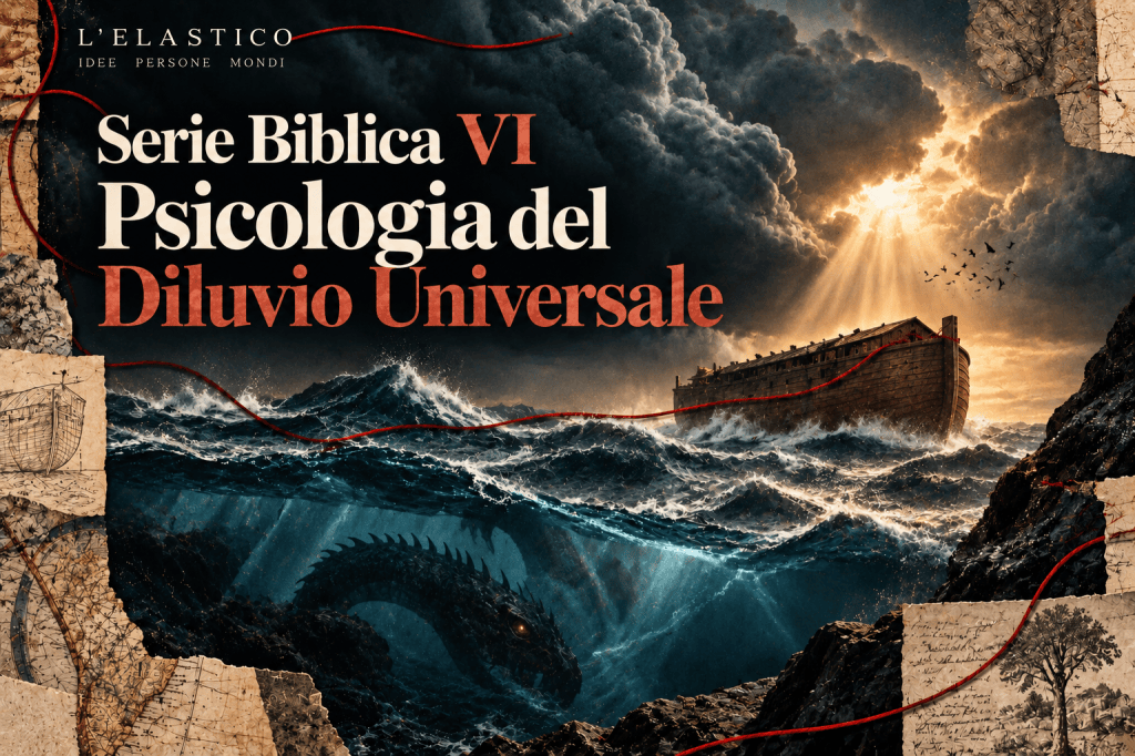 Illustrazione editoriale del Diluvio Universale: l'arca attraversa un mare in tempesta tra caos, oscurità e luce, con un filo rosso che collega la scena.