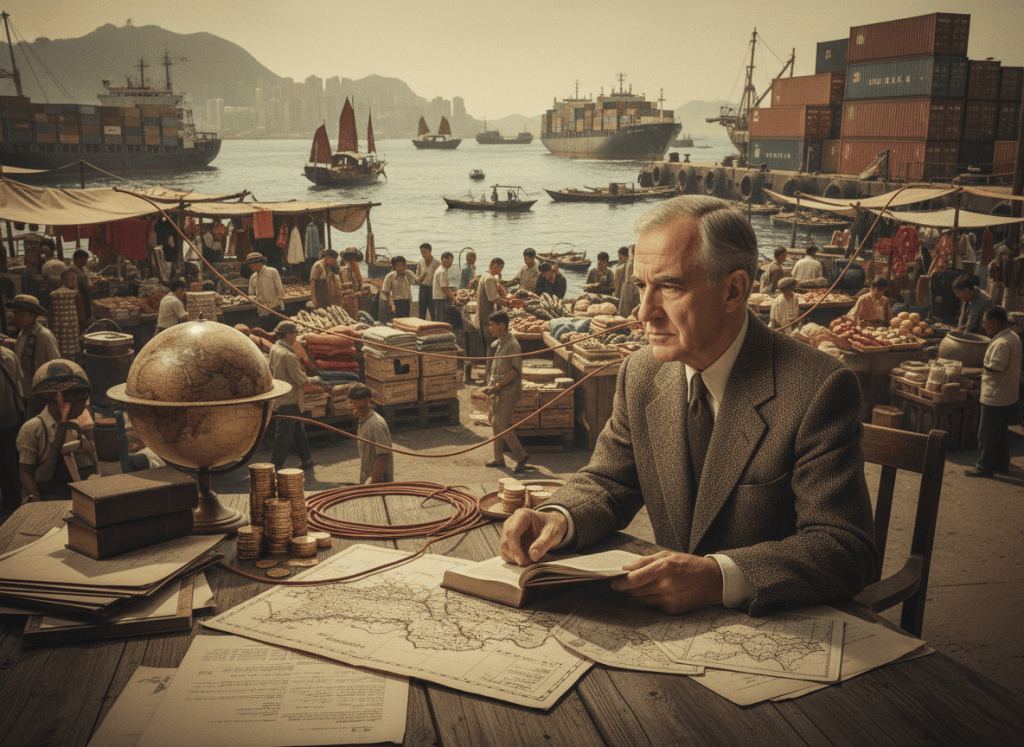 Milton Friedman davanti a Hong Kong, con un mercato, navi e mappe che rappresentano il potere dello scambio e del mercato.
