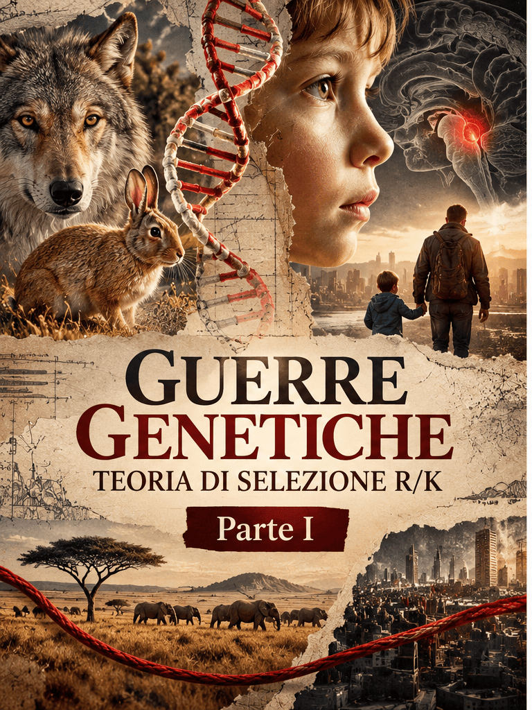 Illustrazione editoriale sulla teoria di selezione R/K: DNA, animali, famiglia e ambiente.
