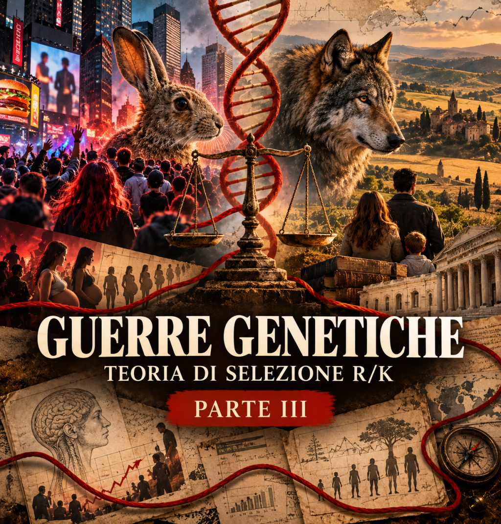 Illustrazione editoriale sulla teoria R/K applicata al conflitto tra strategie biologiche, ideologie, famiglia e organizzazione della società.