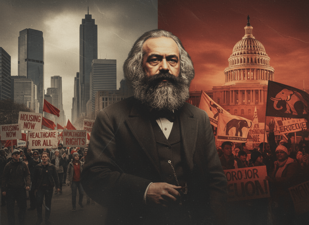 Ritratto di Karl Marx al centro di una composizione editoriale che mette in relazione marxismo, politica contemporanea e conflitto tra sinistra e destra populista.