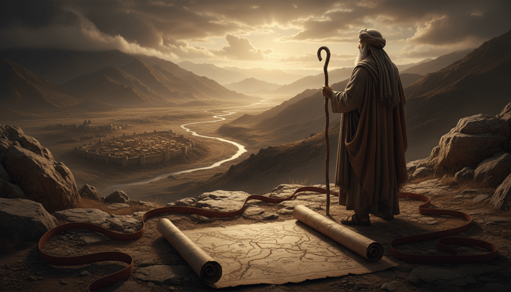 Abramo contempla una valle sconosciuta al tramonto; una mappa antica e un nastro rosso bruno evocano il viaggio e la scelta.