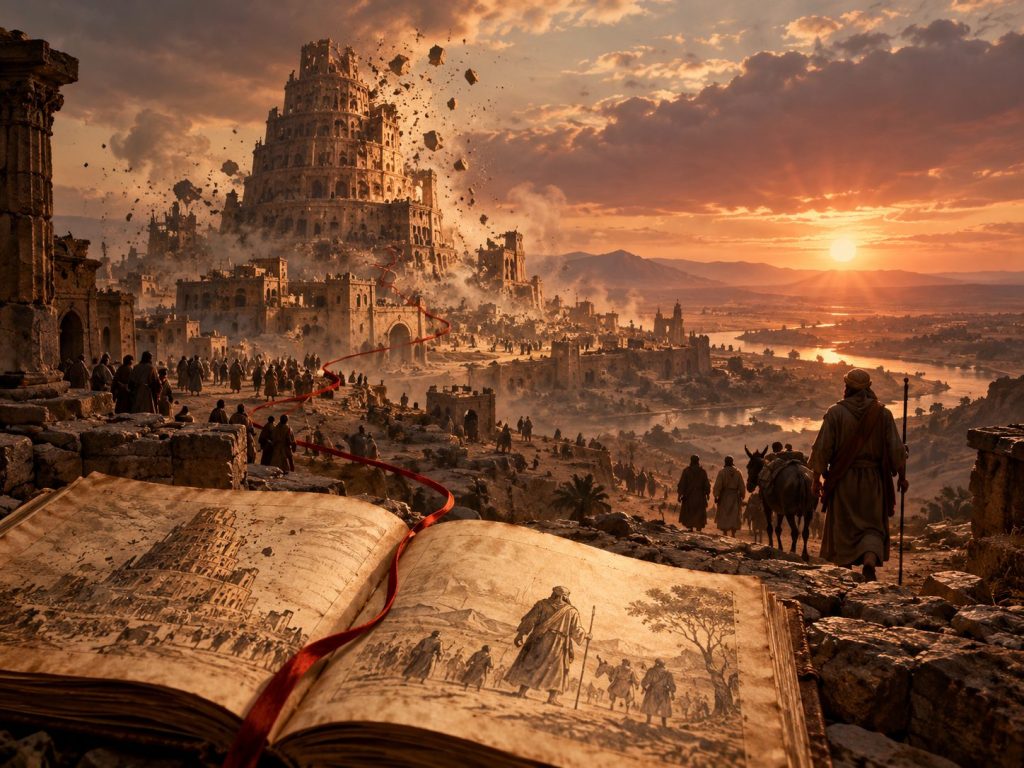 Una città antica dominata da una torre che crolla, con viaggiatori che si allontanano verso il paesaggio al tramonto.