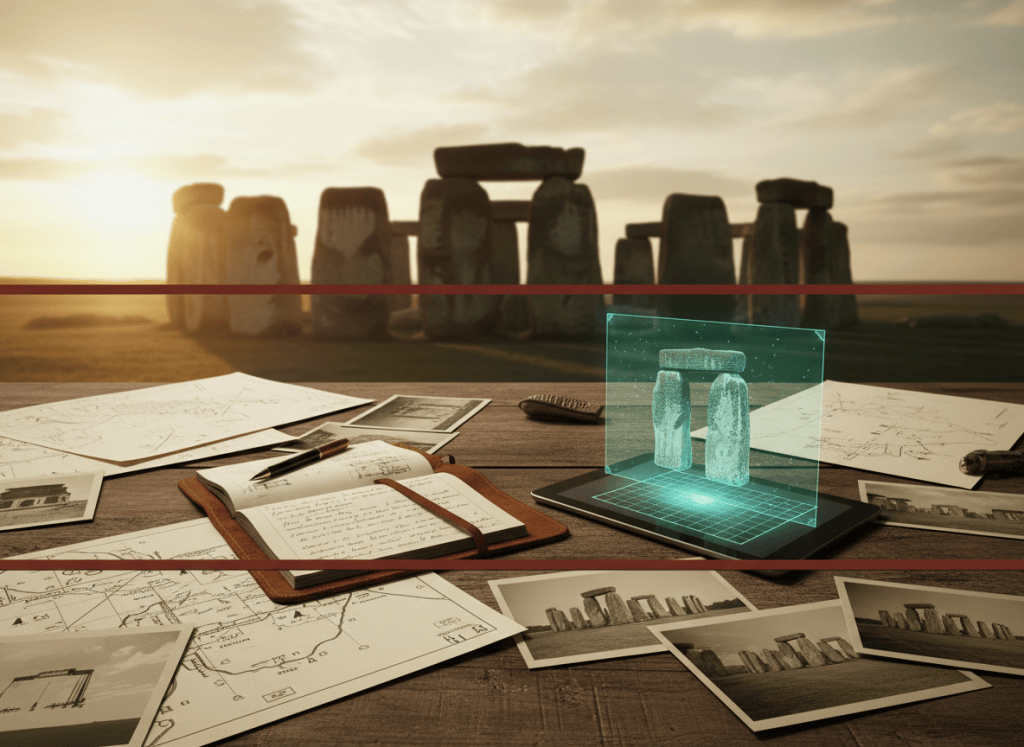 Stonehenge al tramonto accostato a mappe archeologiche, appunti e scansioni digitali, collegati da un elastico rosso-bruno in una composizione editoriale cinematografica.