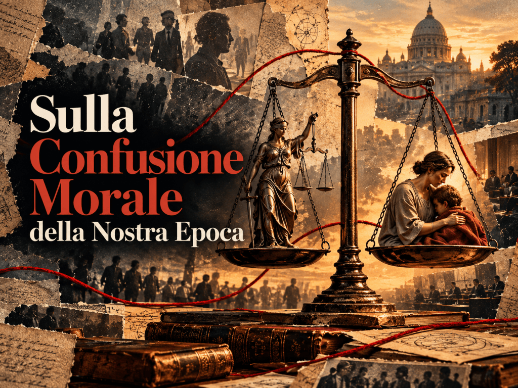 Illustrazione editoriale sulla confusione morale: una bilancia della giustizia contrappone simbolicamente giustizia e compassione, con documenti, figure umane, libri e un filo rosso de L’Elastico.
