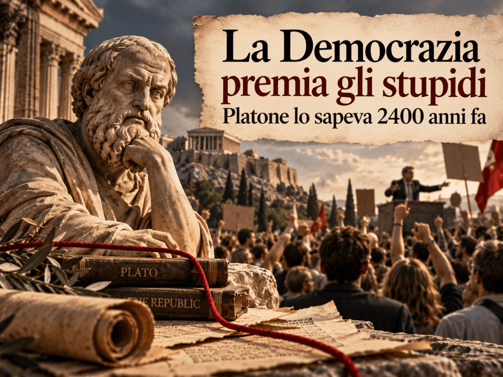 Busto di Platone davanti all’Acropoli e a una folla raccolta attorno a un oratore; un elastico rosso collega i libri antichi alla scena politica contemporanea.