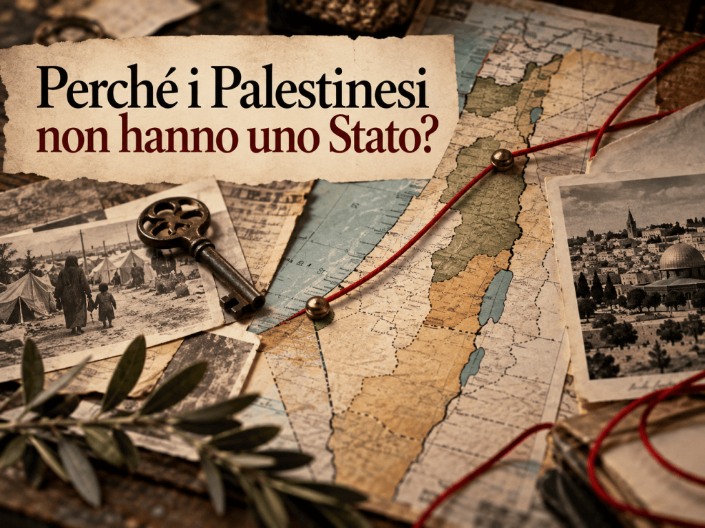 Mappa storica della Palestina e di Israele, documenti d'archivio e un elastico rosso che collega i territori.