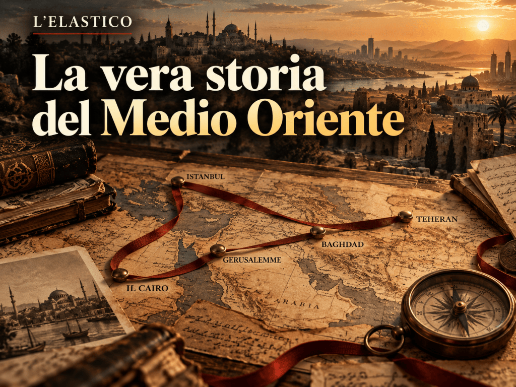 Una mappa storica del Medio Oriente collega Istanbul, Teheran, Baghdad, Gerusalemme e Il Cairo.