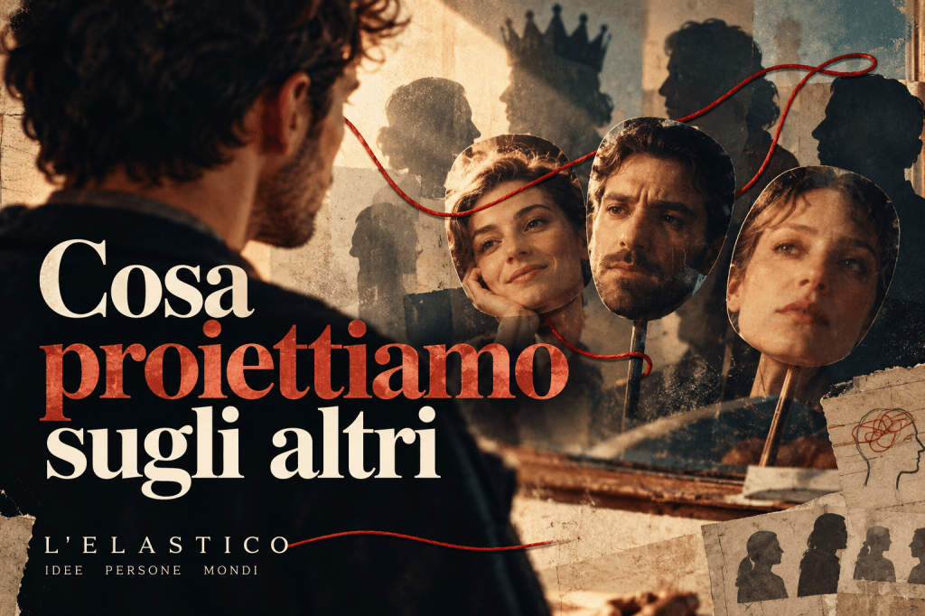 Illustrazione editoriale sulla proiezione psicologica: una persona osserva volti che rappresentano le immagini che proietta sugli altri, collegati da un filo rosso.