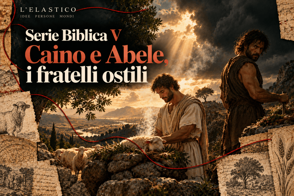 Illustrazione editoriale di Caino e Abele: due fratelli rappresentano sacrificio e risentimento in un paesaggio biblico, collegati dal filo rosso de L'Elastico.