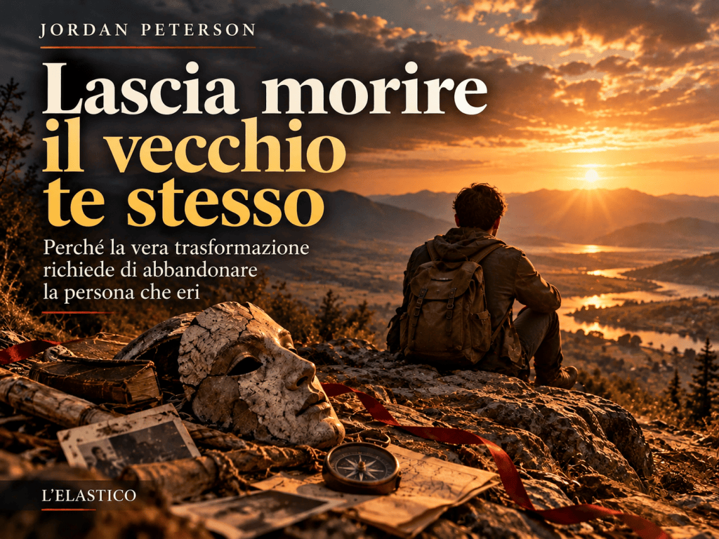 Un uomo guarda una valle al tramonto; una maschera incrinata e vecchi documenti evocano il cambiamento e il distacco dalla vecchia identità.