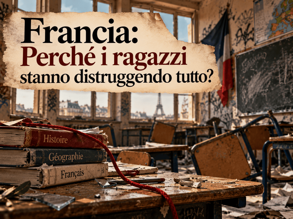 Un’aula scolastica francese devastata, con banchi rovesciati, libri e carte sparsi; sullo sfondo la bandiera francese e un elastico rosso-bruno che attraversa la scena.