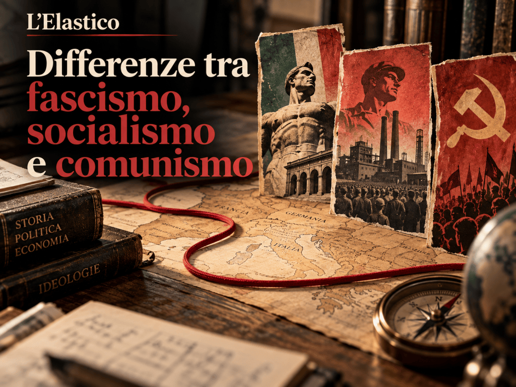 Illustrazione editoriale con mappa europea, immagini storiche e filo rosso per rappresentare fascismo, socialismo e comunismo
